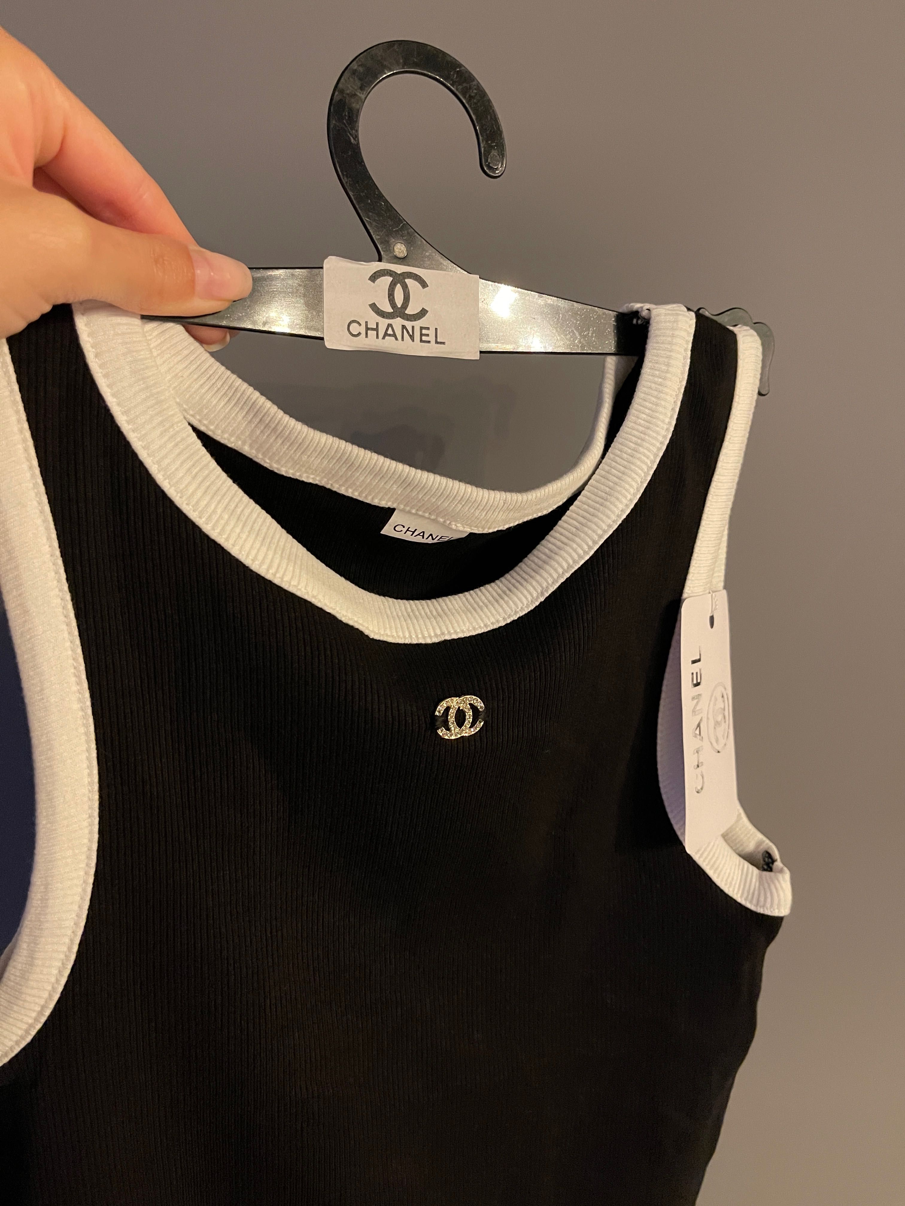 черен топ шанел с бяло Рипс памук с камъни тениска без ръкави Chanel