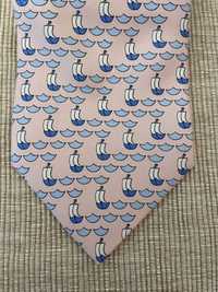 Cravata Hermes Paris roz cu bărci albastre mătase