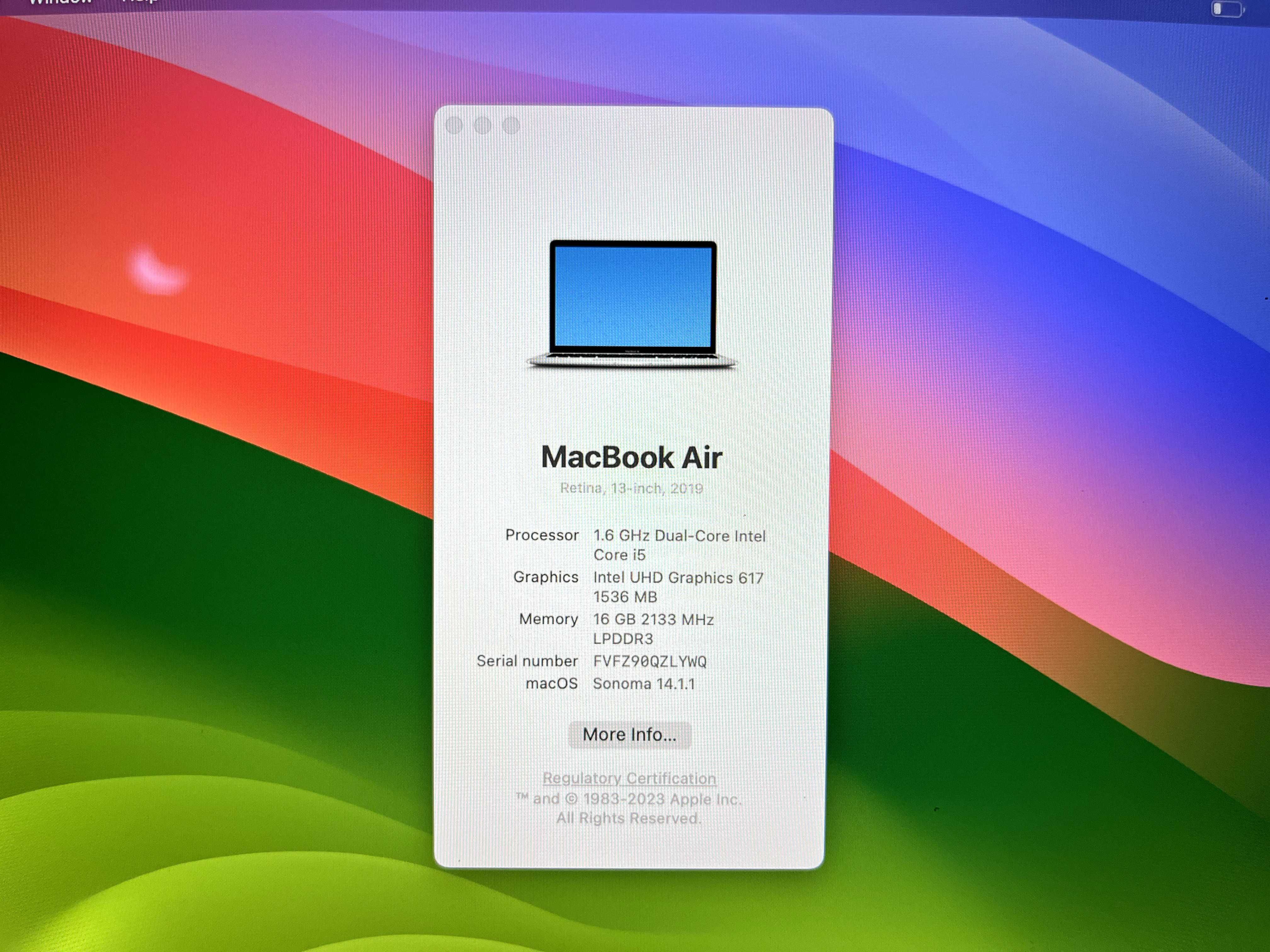 Apple MacBook AIR 13 A1932 i5 3.6Gz 16GB 256GB NVMe True Tone