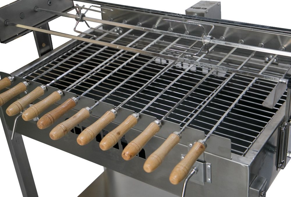 Gratar carbune BBQ FULL INOX, 3 rotiserie in linie si 11 frigarui