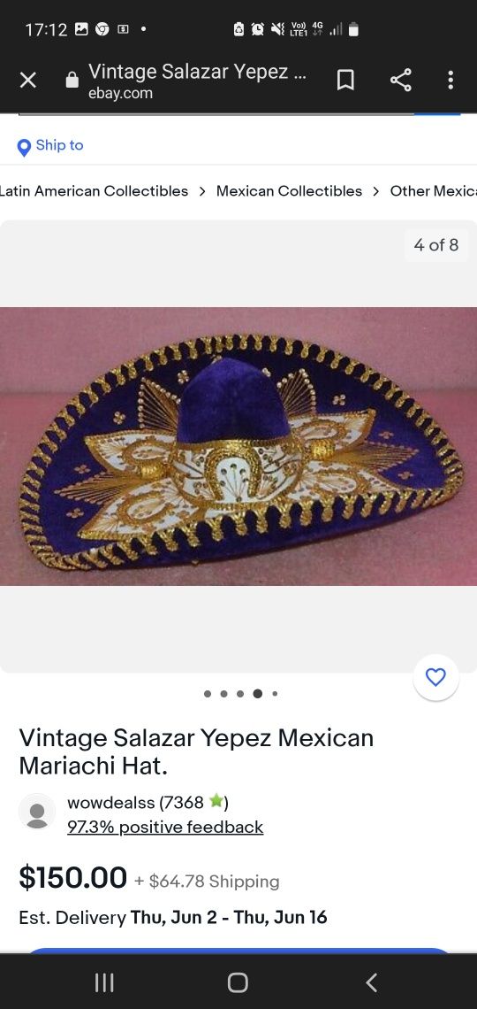 Vintage Salazar Yepez Mexican Mariachi Hat