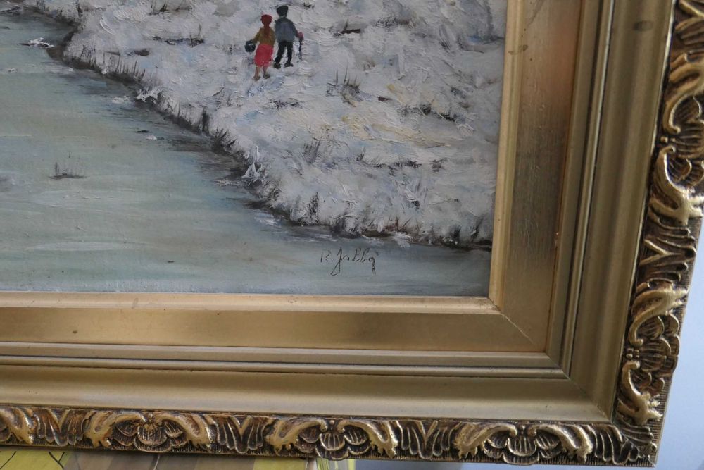 Tablou Peisaj de Iarna/ Casa Ulei pe Carton 70/50cm Semnat Rama Lemn