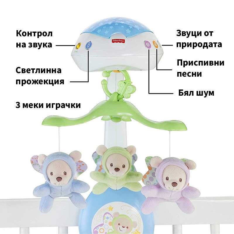 Плюшено мече 50 см., Fisher Price Музикална въртележка - проектор 3 в1