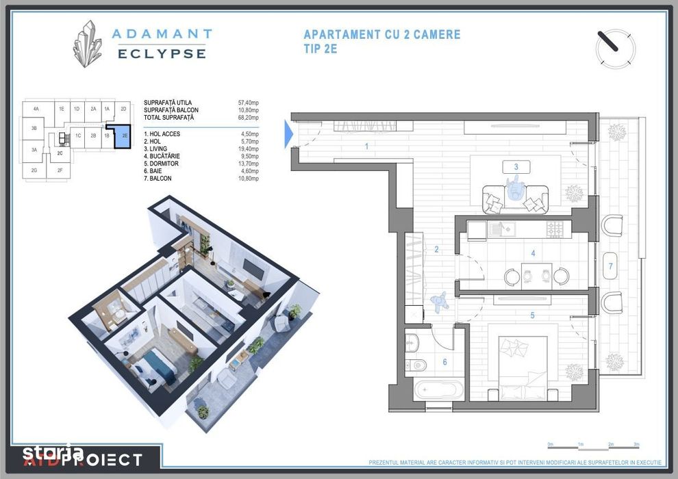 ADAMANT ECLYPSE, 2 camere decomandat, TIP 2E, 68.2mp
