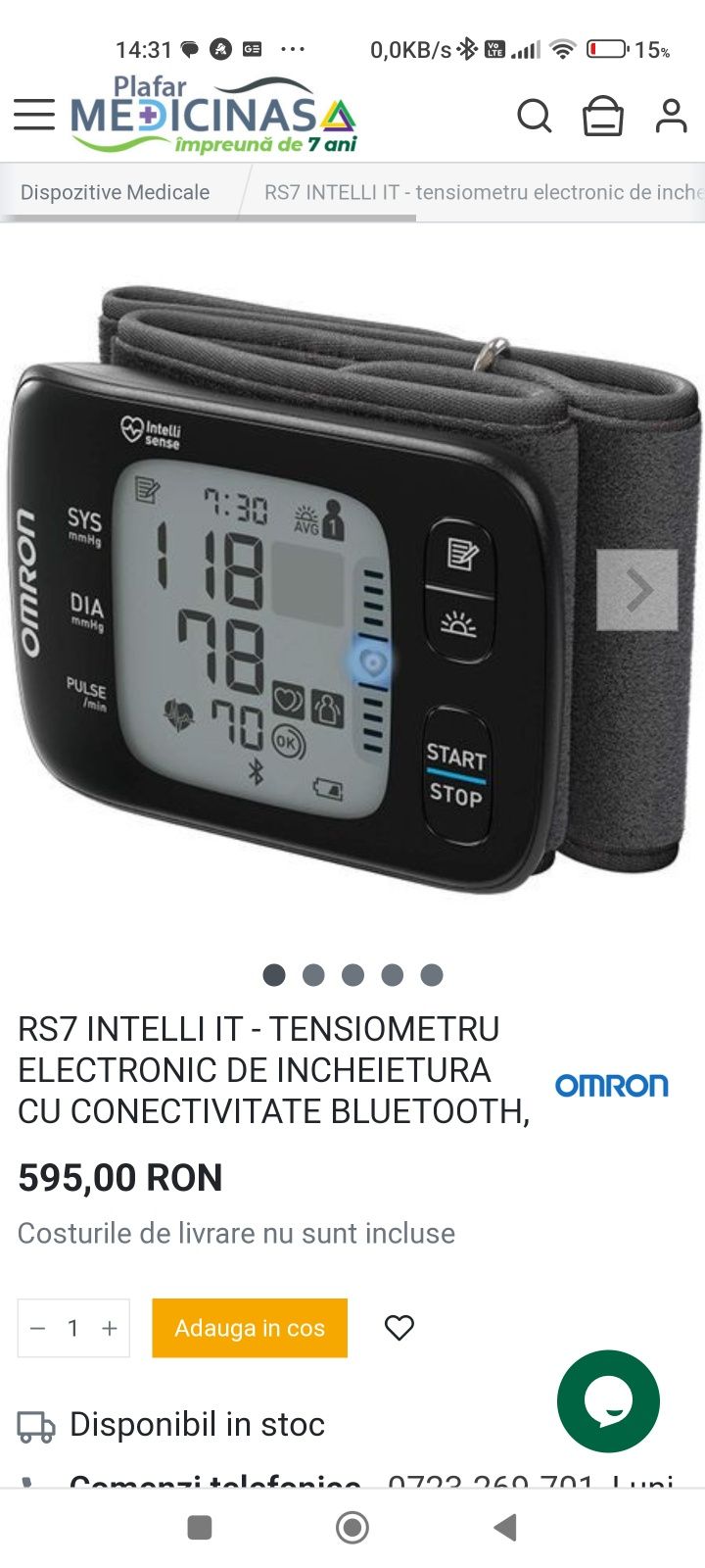 Tensiometru performant, de încheieturaă, Omron, cu Bluetooth.