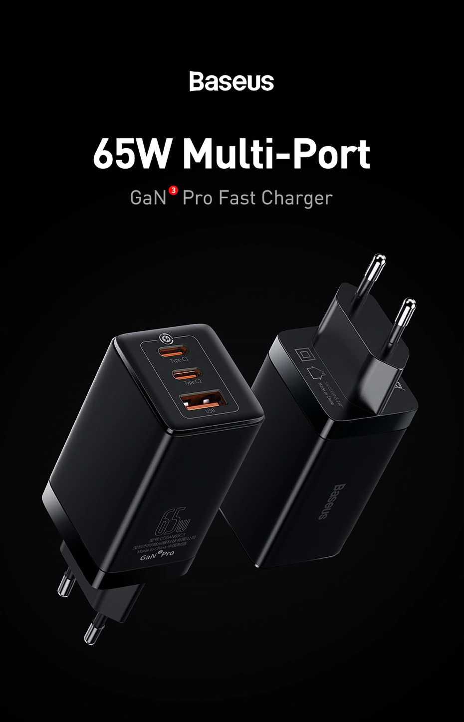 Baseus GaN3 Pro 65W Fast Charger 2C+U Three Ports With 100W Cable