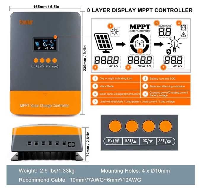 Соларен контролер PowMr, Keeper 60A, MPPT 12/24/36/48v