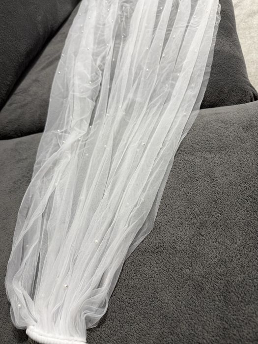 Voal mireasa cu perle, nou, pieptan metalic, 1,5x1,5m, alb laptos