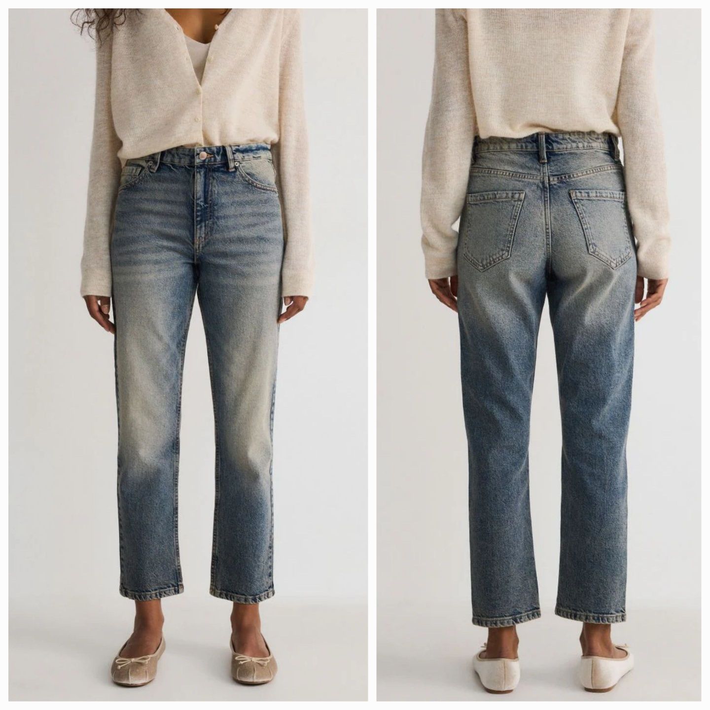 Дънки S/M 38 висока талия прави скъсен крачол сини mid wash blue jeans