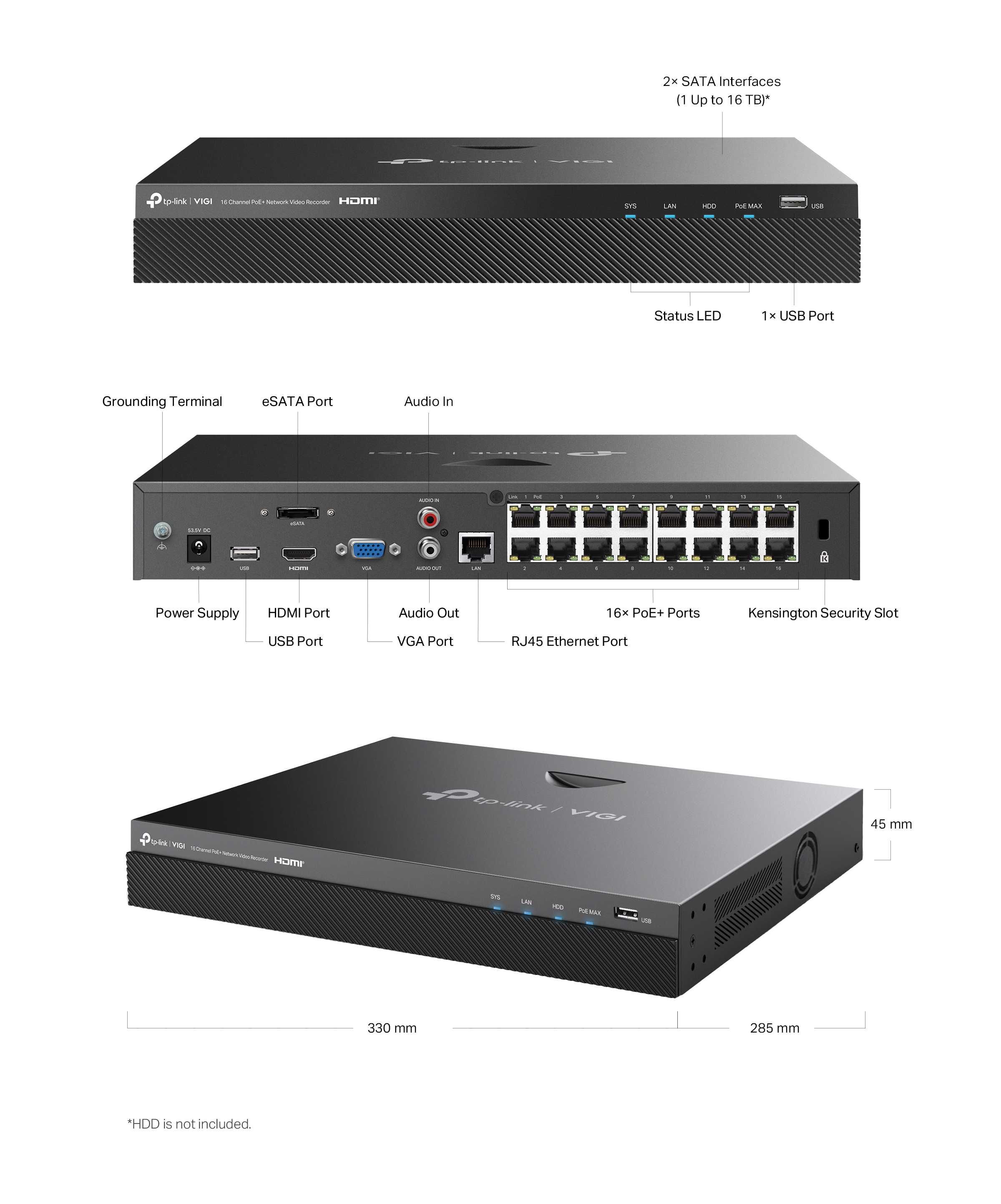 TP-Link VIGI NVR2016H-16P 16-канальный сетевой видеорегистратор с PoE+