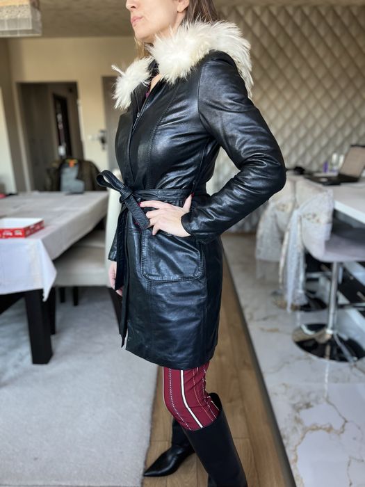 Rockeds черно кожено яке дълго палто С качулка с лисица