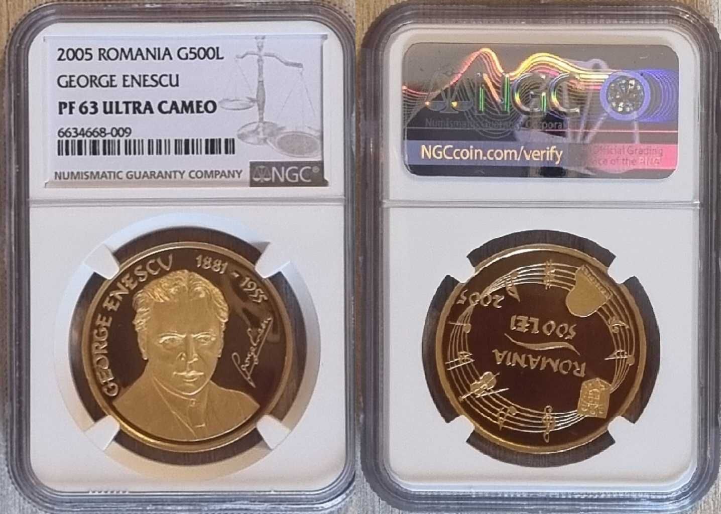 Moneda BNR 500 lei aur, George Enescu, gradata NGC PF 63