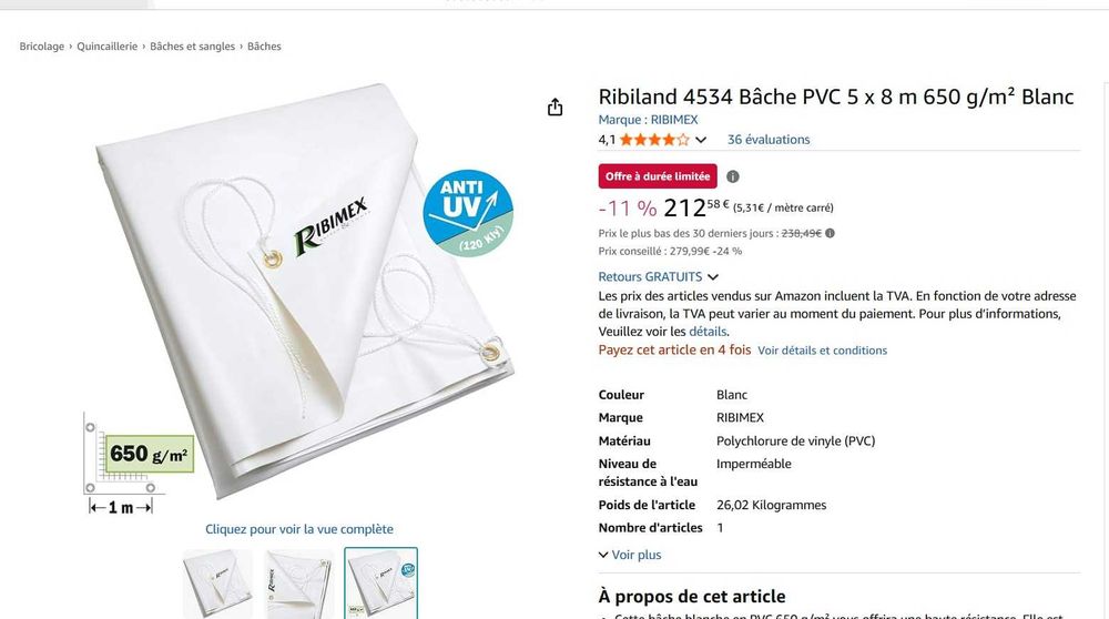 Prelată Ribiland 4534 PVC 5 x 8 m 650 g/m² Alb