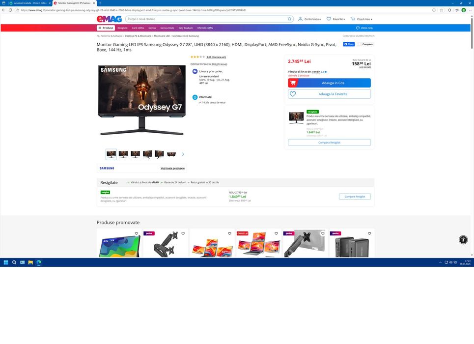 Gaming IPS Samsung Odyssey G7 28", UHD,Nvidia G-Sync Boxe,144Hz,1ms!!!