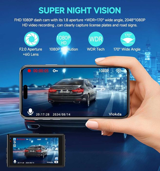 Dash Cam отпред и отзад, 1080P WiFi/APP контрол, 32GВ, WDR, G-сензор