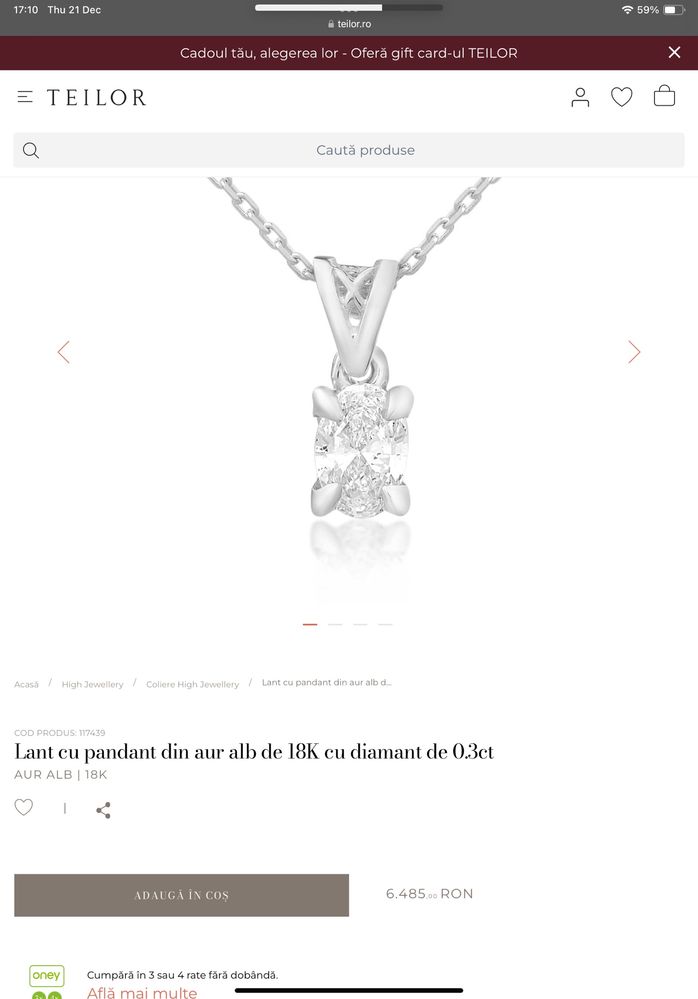 Pandant TEILOR  din aur alb de 18K cu diamant de 0.3ct