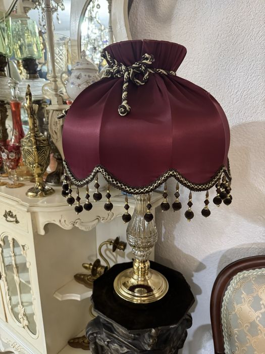 Picior din  sticla cu bronz/abajur matase