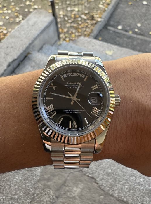 Seiko Mod Day Date Black Roman Dial