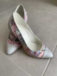 Pantofi piele naturala gri/roz multicolor 36
