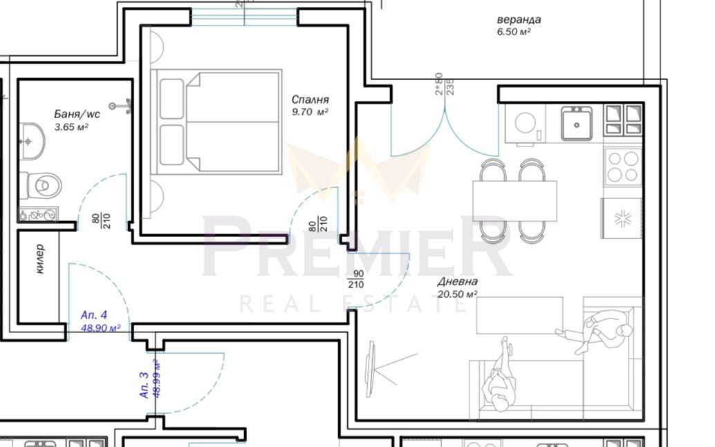 Продава се Двустаен апартамент в Варна, Възраждане 3 - 55 кв.м за 1228 €/кв.м - Снимка #3