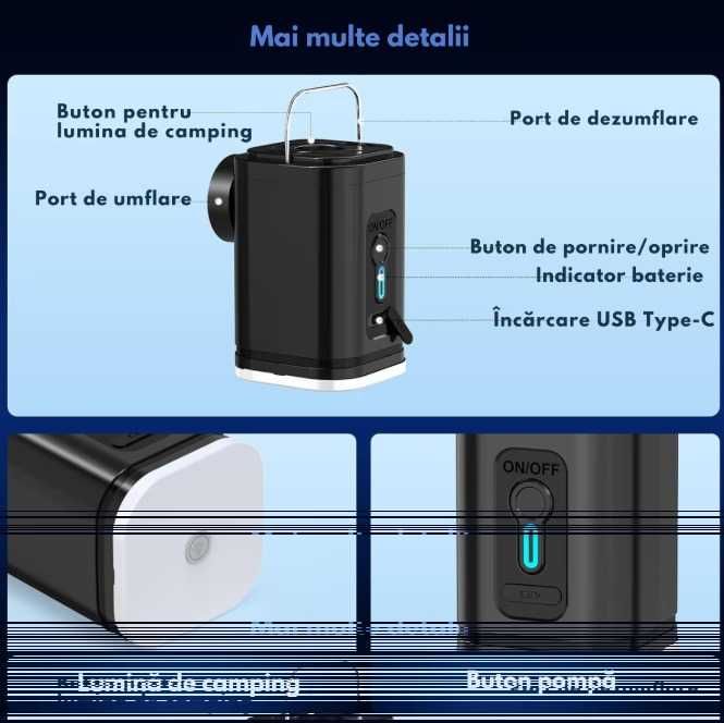 Pompa de aer electrica,3in1, umflare/dezumflare/vidare, Baterie1200mAh