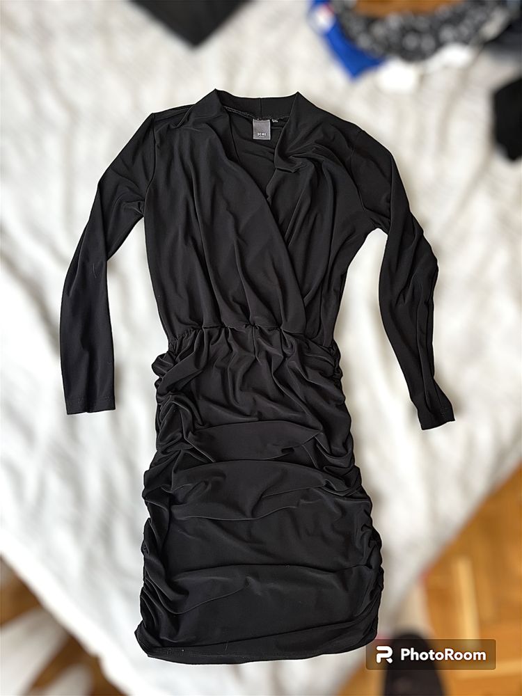 ICHI Дамска черна рокля с набори и дълъг ръкав размер M