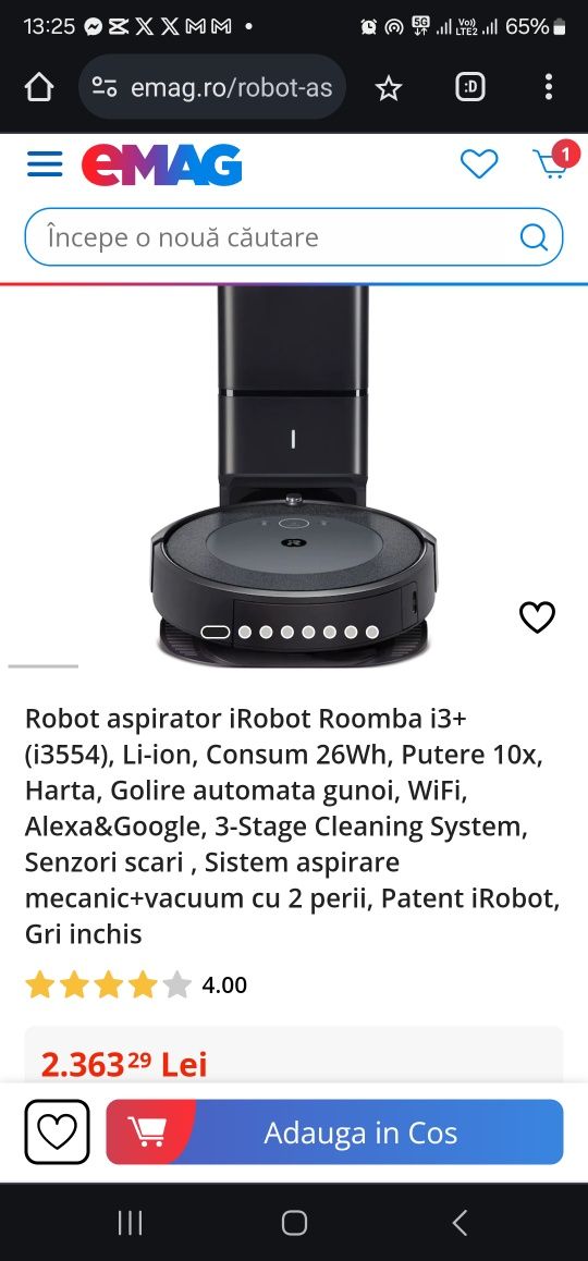 Robot aspirator iRobot Roomba i3+ (i3554), Li-ion, Consum 26Wh