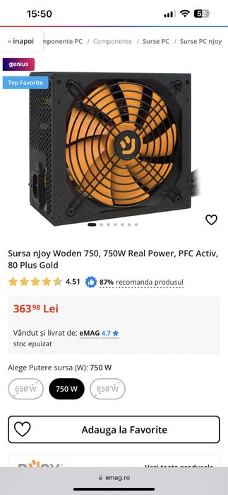 Sursa nJoy Woden 750, 750W Real Power, PFC Activ, 80 Plus Gold