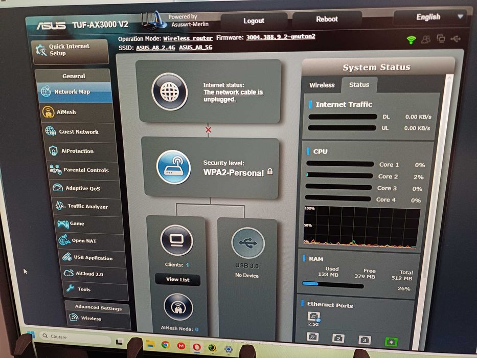 Router Wireless Gaming ASUS TUF Gaming AX3000 V2, AX3000, Dual-Band