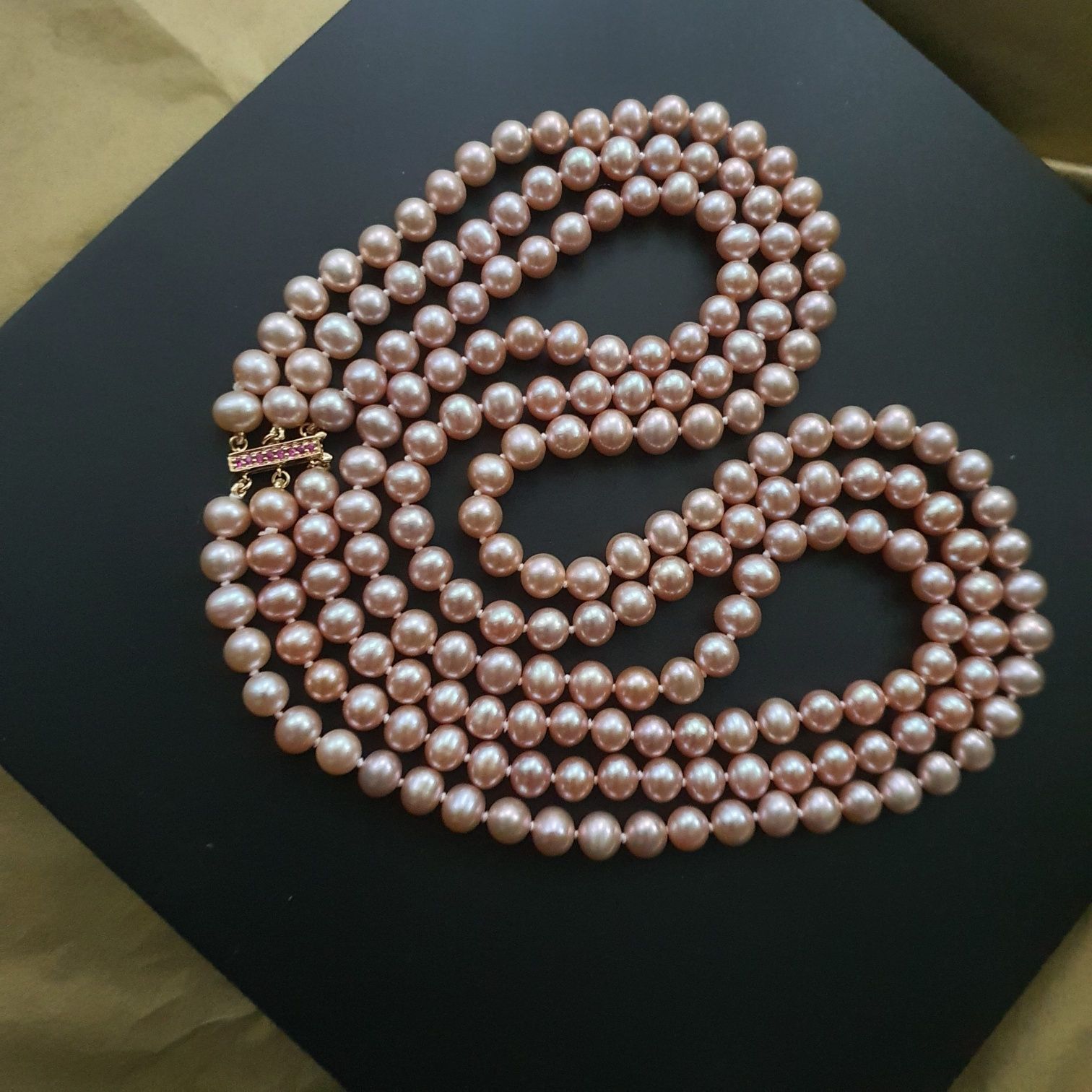 colier triplu superbe perle naturale cu inchizatoare aur 14k si rubine