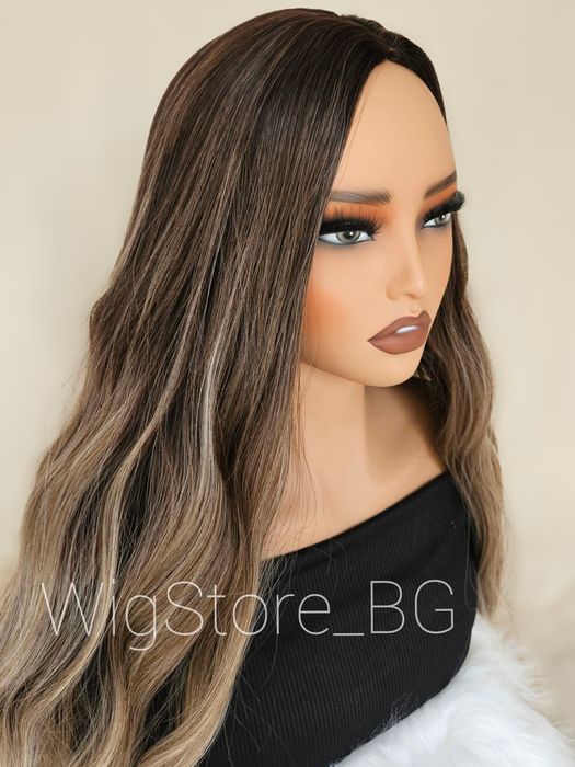 Пепеляво руса омбре къдрава перука без бретон