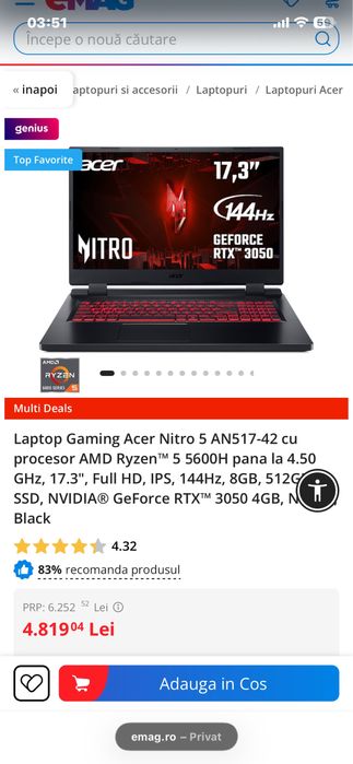 Laptop gaming Acer ryzen 5 rtx 3050