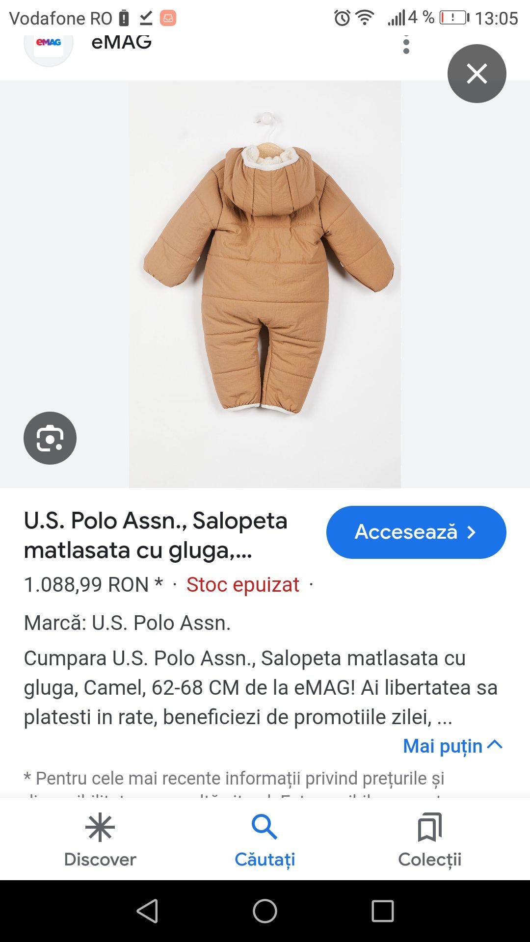 Salopeta matlasata cu gluga Polo Assn noua cu eticheta