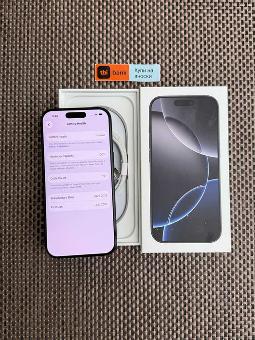 100% Бат. iPhone 16 Pro Лизинг от 66лв/м Black Titanium черен гаранция