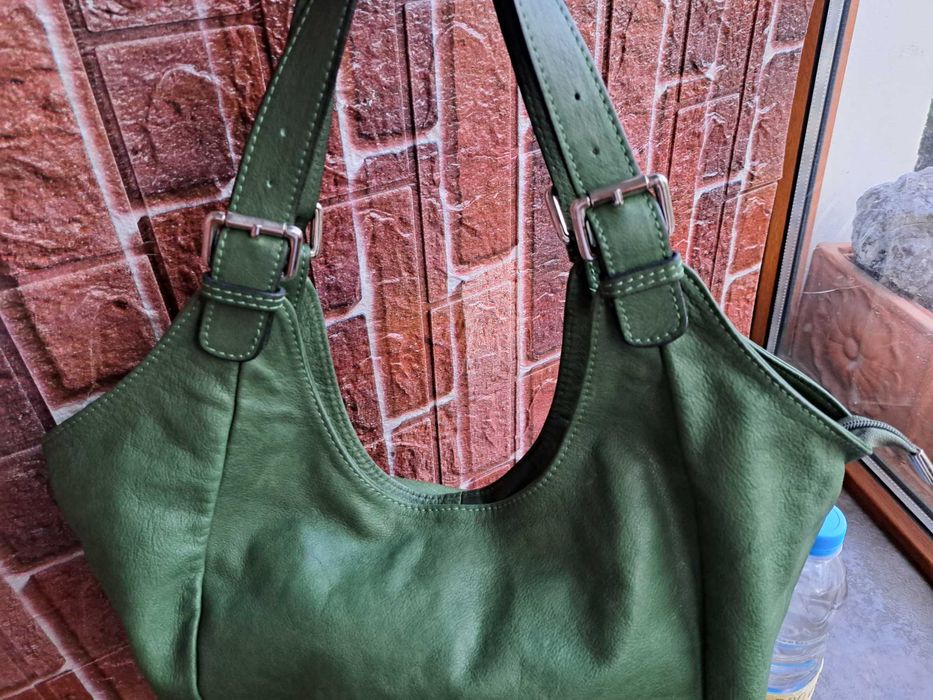 дамска чанта, голяма зелена торба-естествена кожа