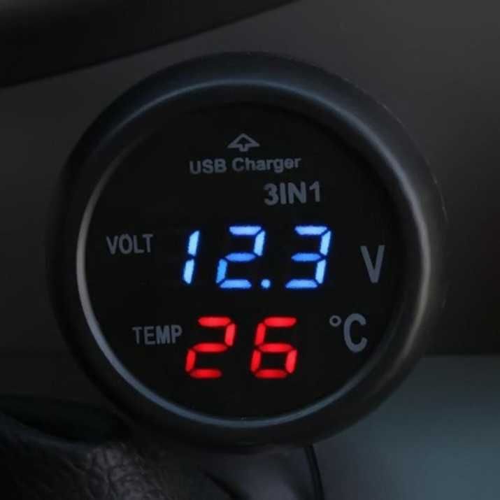 Волтметър с термометър и USB зарядно 3 в 1, 12-24V