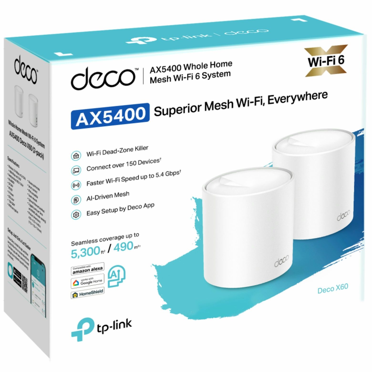 TP-Link Deco X60 V3.20 (2-pack), AX5400, Dual-Band, Wi-Fi 6, AI-Driven