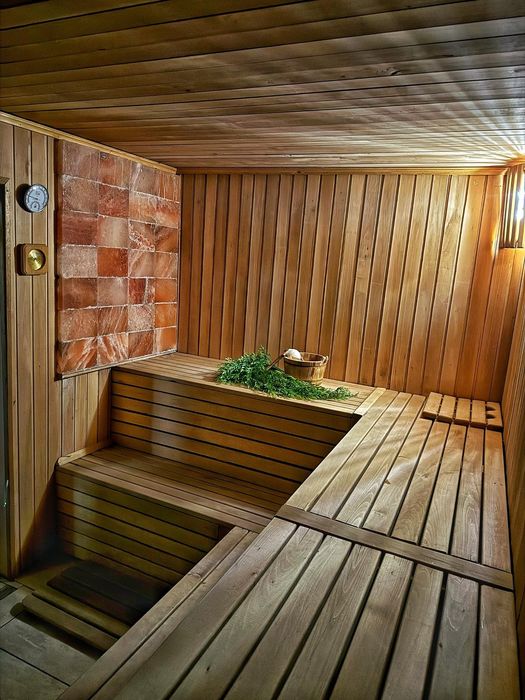 Sauna pe lemne, bazin cu apa