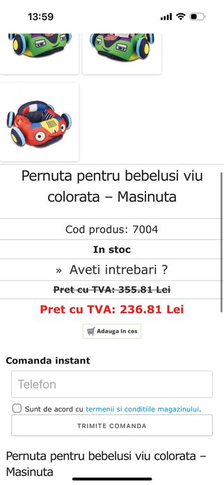 Mașinuța fotoliu perna Bebe de la 4 luni