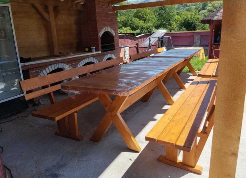 Set 2.5 m masa si banci din lemn masiv - mobilier gradina