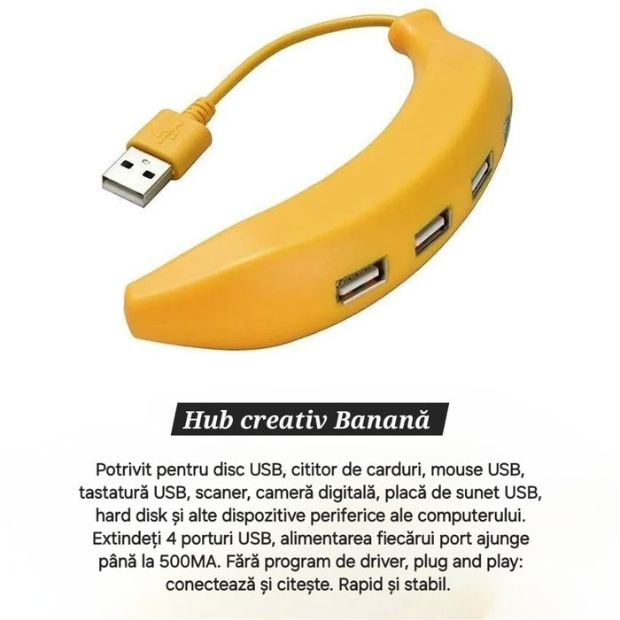 Hub USB Minions: Banana. 4porturi. 1Gb/3s. Splitter/Adaptor/Extensie.