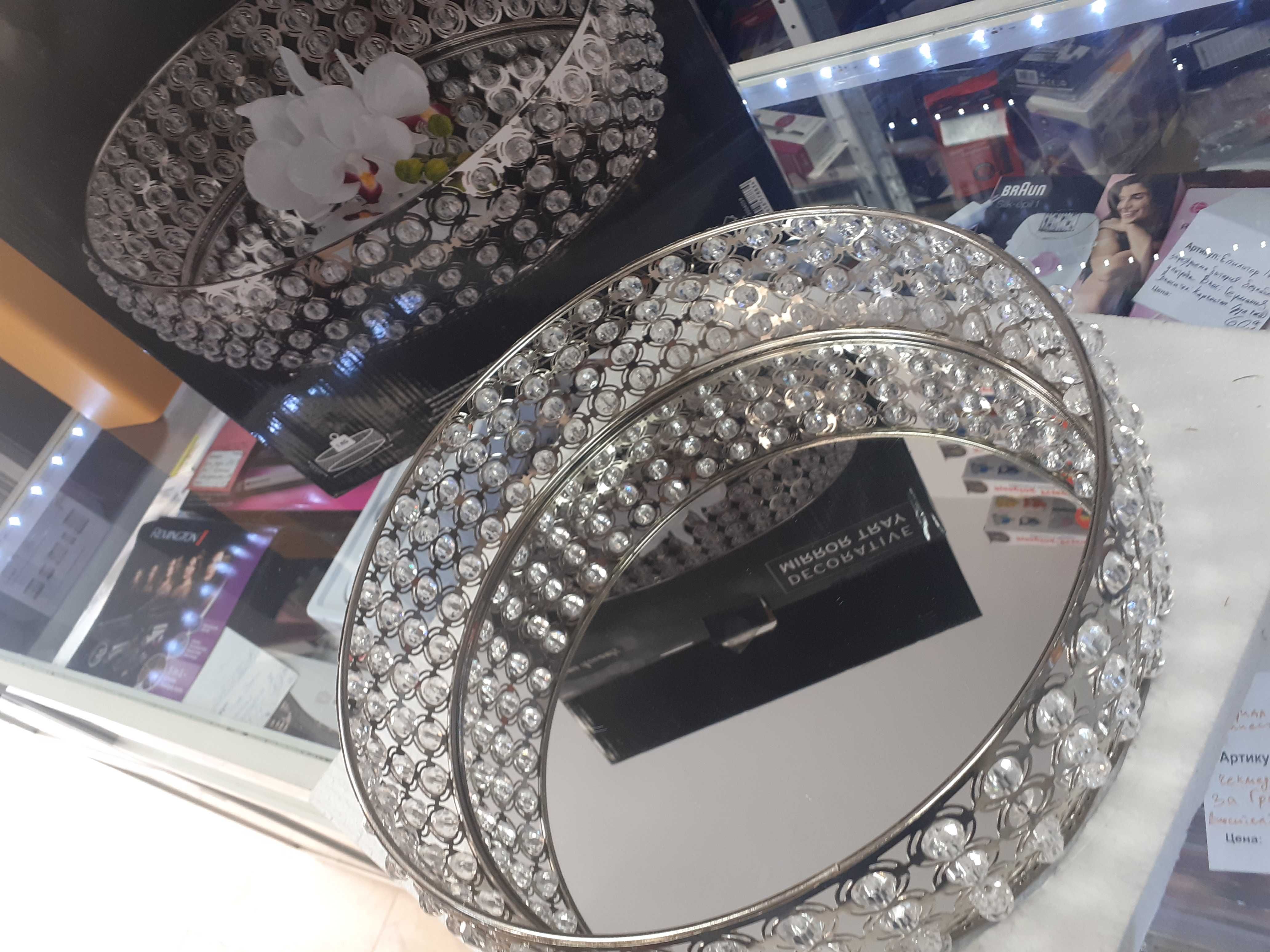 огледален поднос с камъни , Поднос за свещи , Decorative mirror tray
