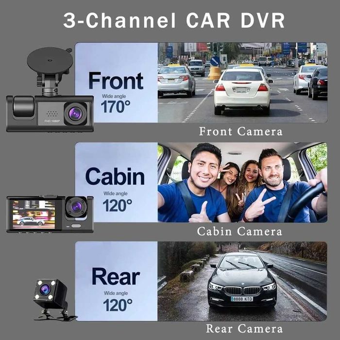 Dash cam camera bord auto 3 lentile,ecran lcd