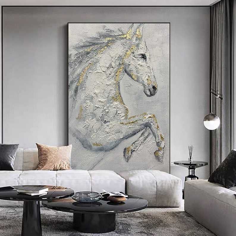 Картина белая лошадь холст масло казахская национальная живопись конь