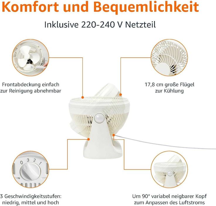 Преносим настолен вентилатор Amazon Basics, 18см, тихо охлаждане, 3ск.