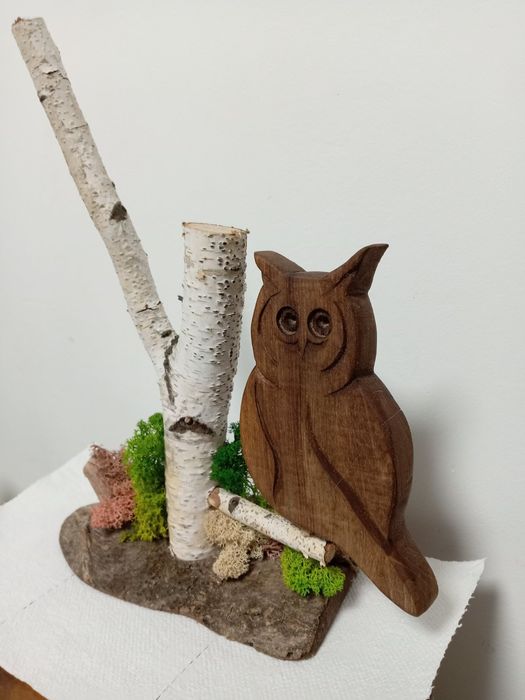 Декорация птици от бреза със скандинавски мъх -бухал, врабче,кълвач
