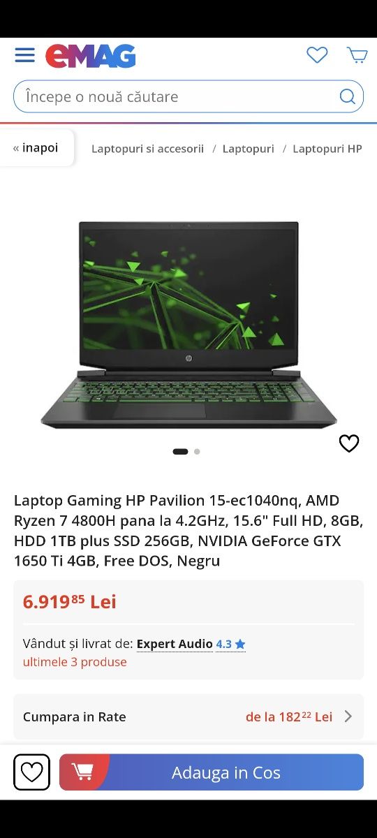 Laptop gaming HP Ryzen 7 4800h, Nvidia 1650TI