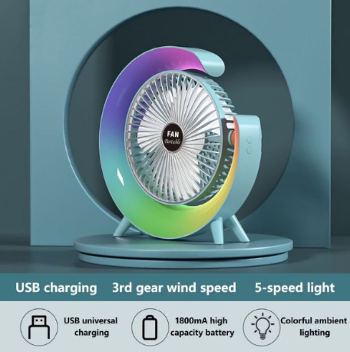 Мини настолен вентилатор с многоцветно осветление, RGB LED, USB, преза