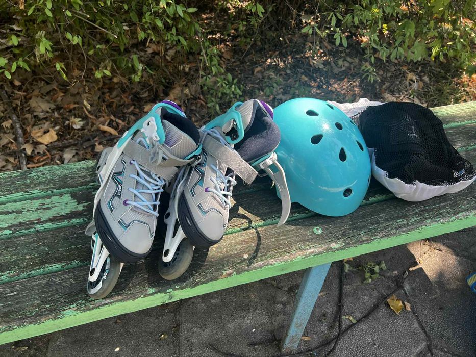 Нови Детски ролери, каска и предпазители, Декатлон, 35-38+спортен сак