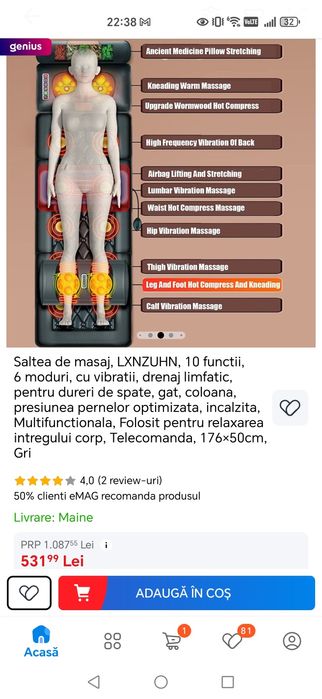 Saltea de masaj cu, 10 functii, 6 moduri, cu vibratii, drenaj limfatic